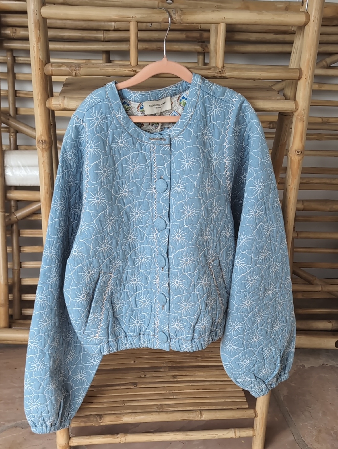 Nwt Elizabeth James Quilted Light Blue Floral Bomber Jacket